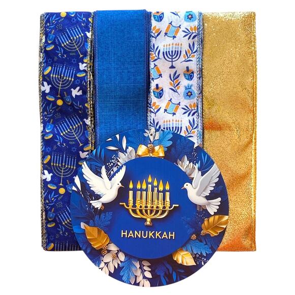 Hanukkah Ribbon & Sign Craft Bundle | Blue Gold Menorah Doves DIY Wreath Kit - Picture 1 of 6